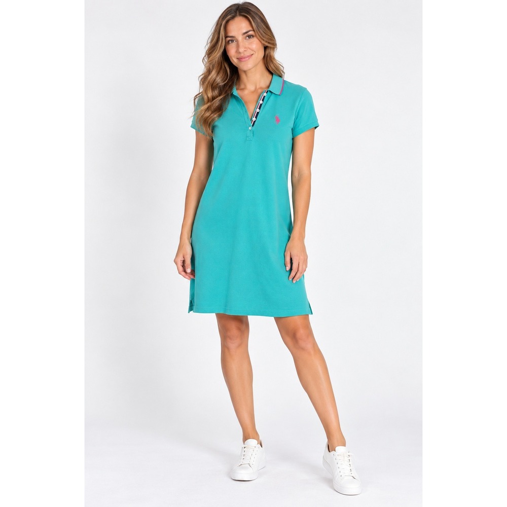 US Polo Assn Womens Teal Pique Polo Dress Pink Logo Medium